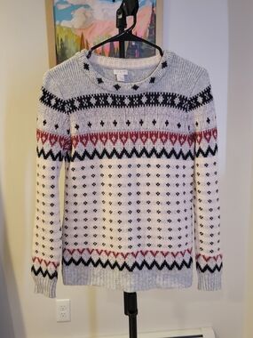 J CREW Merino Wool Blend Knit Sweater Fair Isle Pattern Gray Women's Size XS
